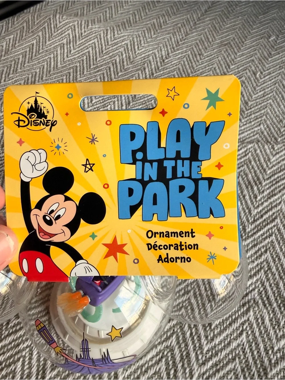 Disney Clear Mickey Globe Ornament with Purple and Pink Ride Detail